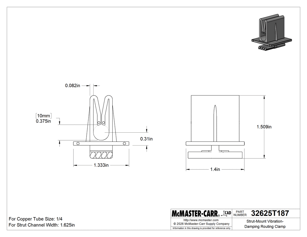 Technical Drawing of Strut-Mount Vibration-Damping Routing Clamp, TPE Rubber, 3/8" ID.